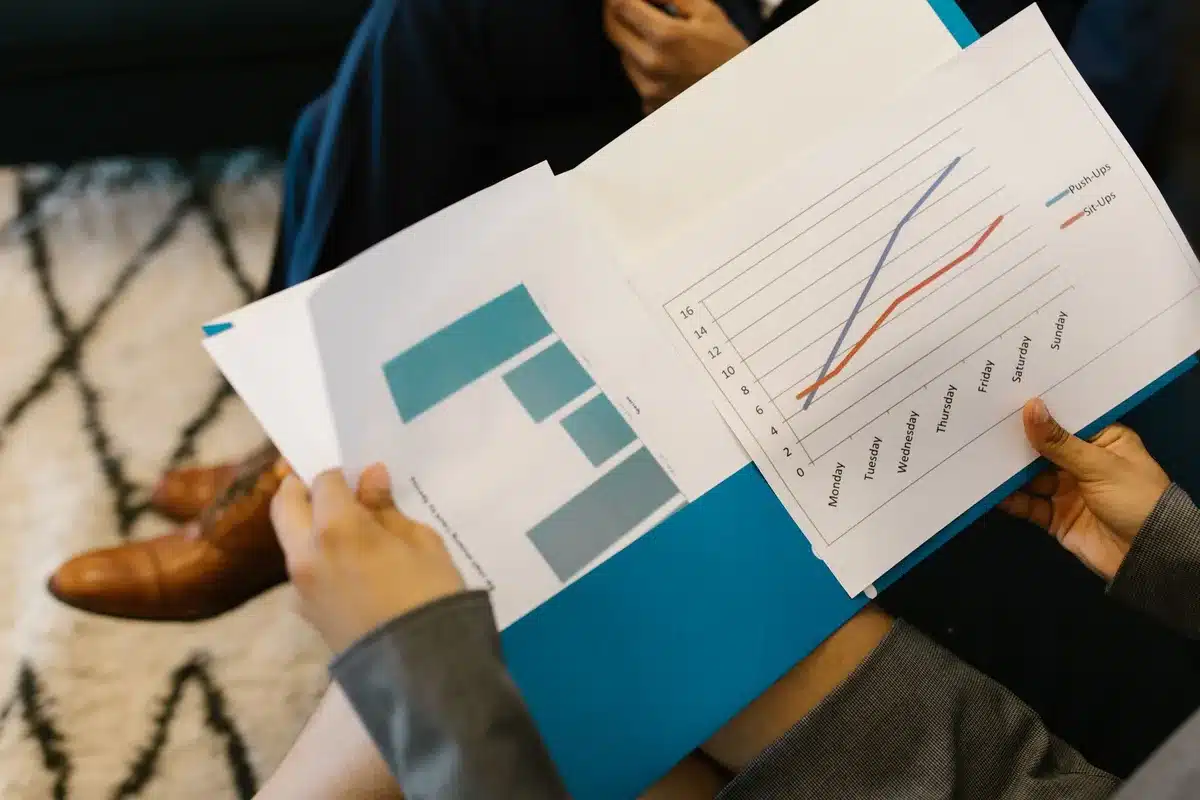 Informes financieros y gráficos de ganancias corporativas en documentos de negocios