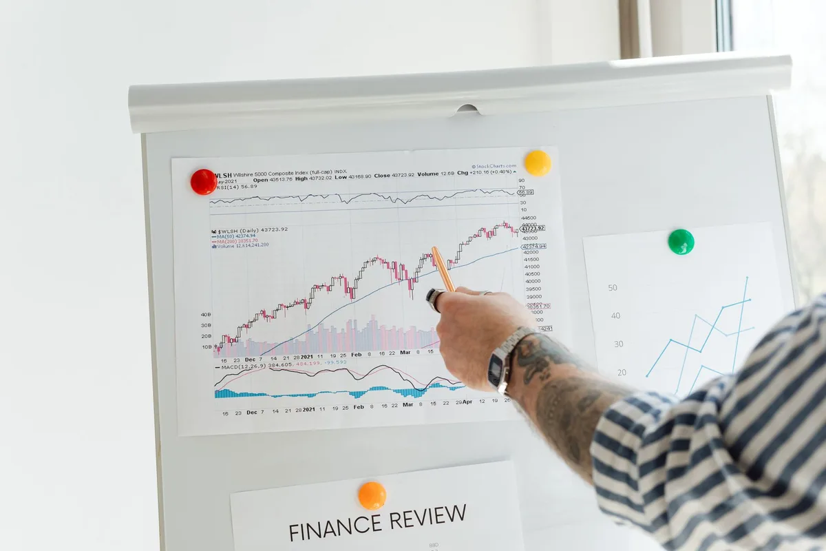 Gráficos de inversión privada con tendencia alcista en escritorio de oficina moderna