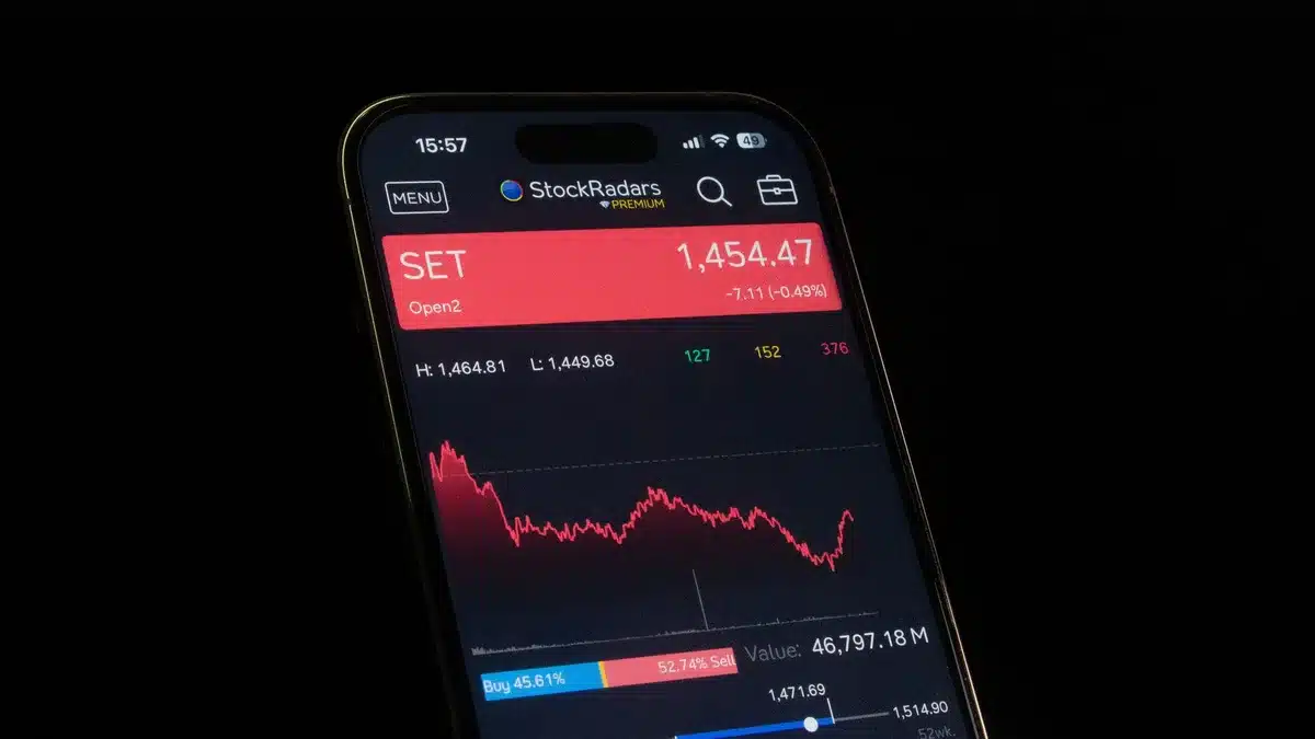 Pantalla de cotizaciones en rojo mostrando caídas en el mercado de valores